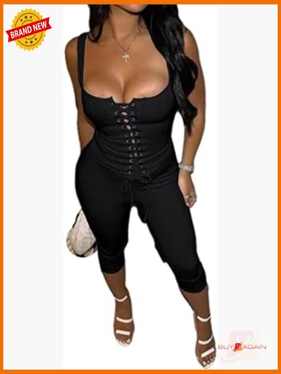 Pants - Women's Ribbed Knit 2 Piece Set - Tank Top & Capri Leggings Bodycon Jumpsuit